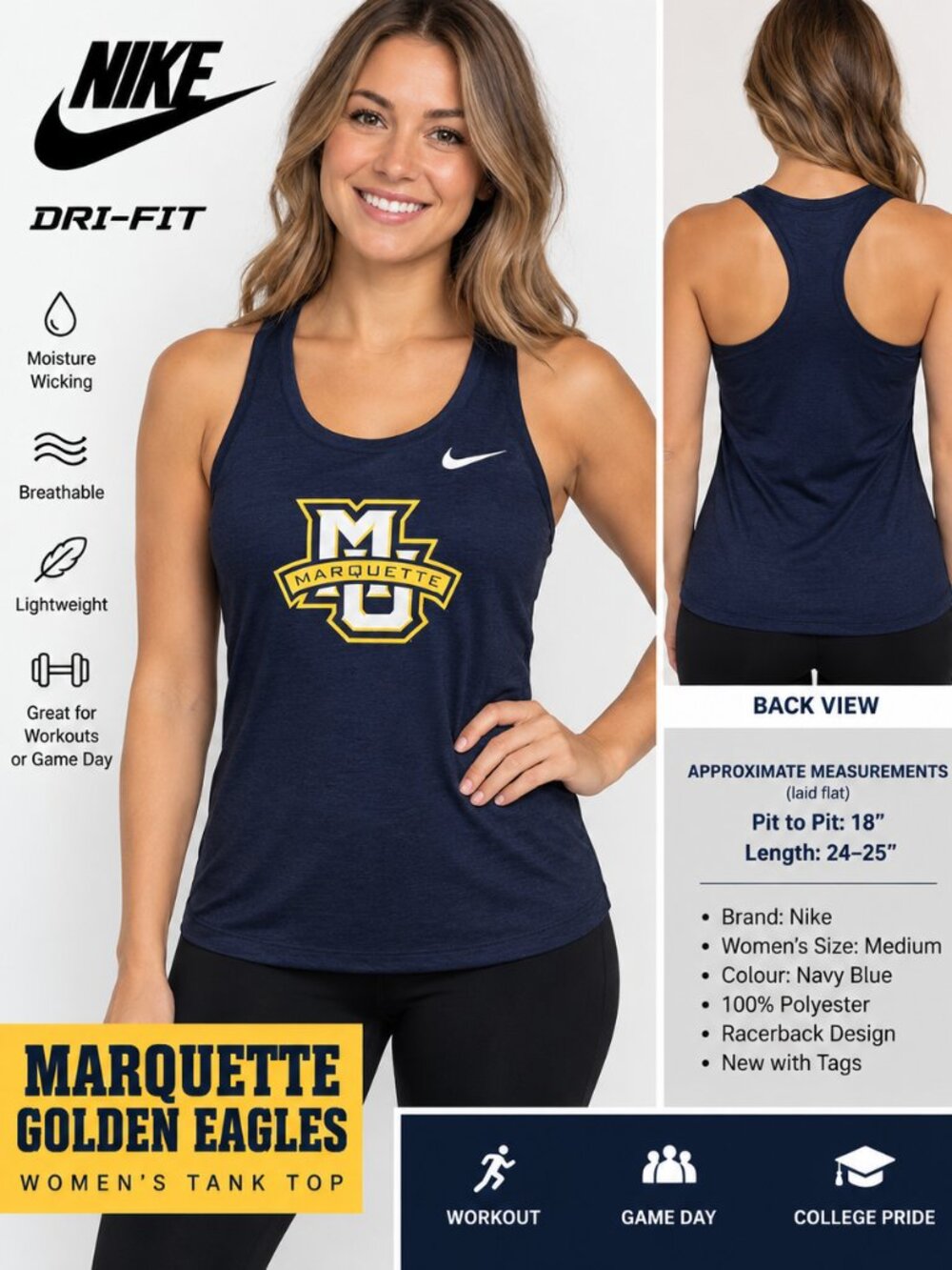 Nike Marquette Golden Eagles Women’s Dri-FIT Racerback Tank M NWT